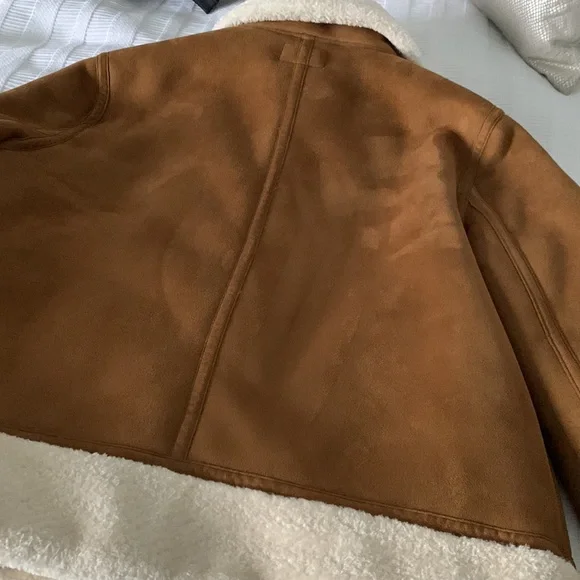 Warehouse Tan Suede Faux Shearling Jacket with Cream Trim - Picture 10 of 10